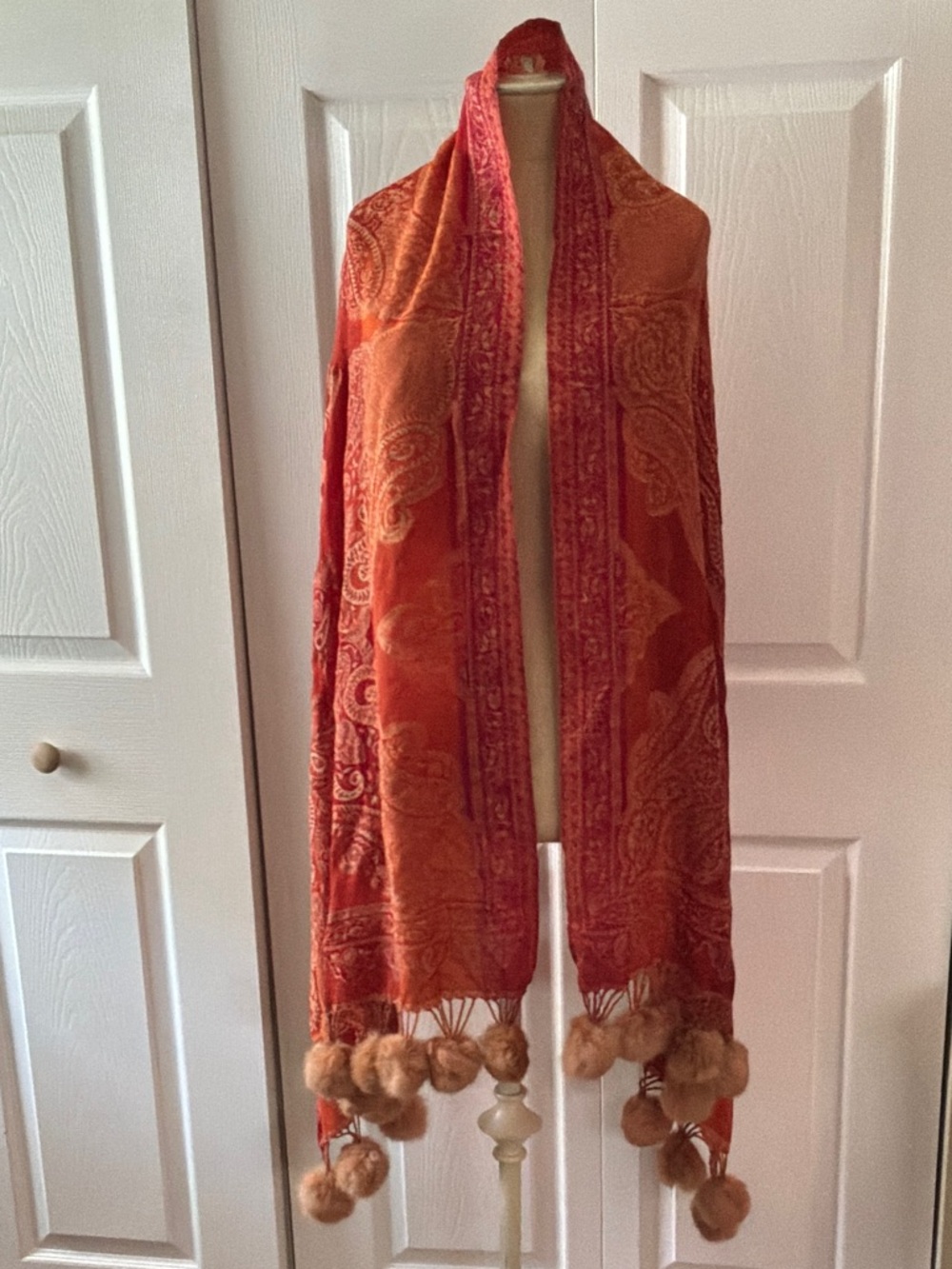 Ahujasons Orange Paisley Fringe Wrap Scarf with Rabbit Fur Trim